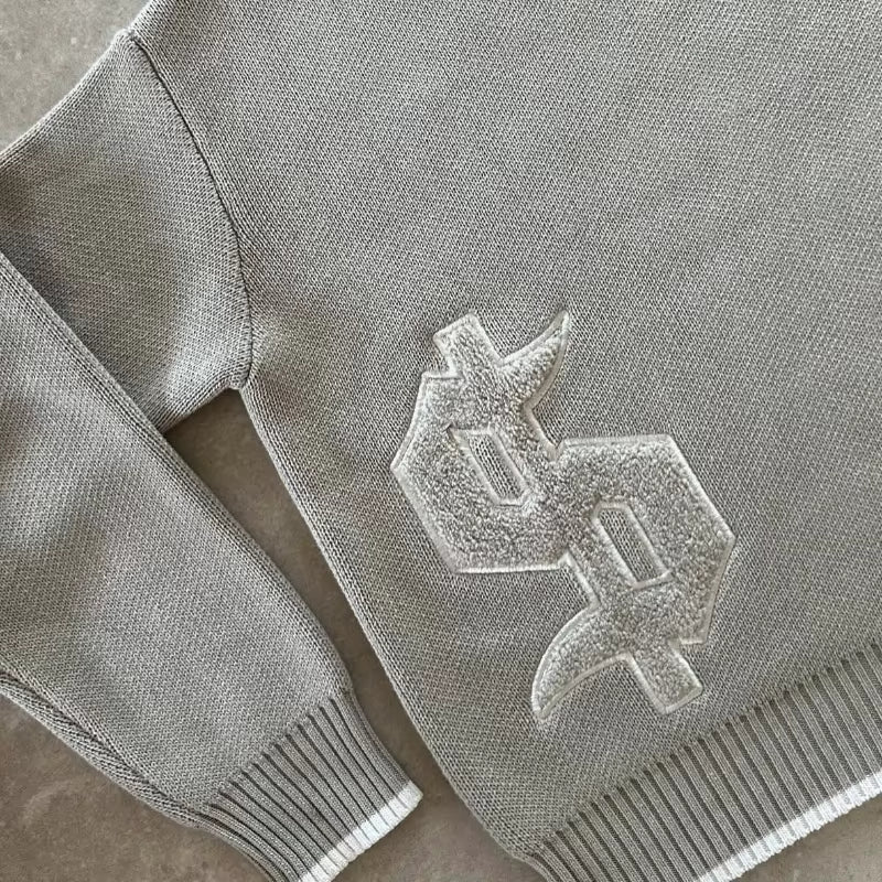 Y2K Grey Long Sleeve Sweater Dollar Gothic Embroidery Pullover Goth Retro Casual Streetwear Old Money Men Boxy Knitted Clothing