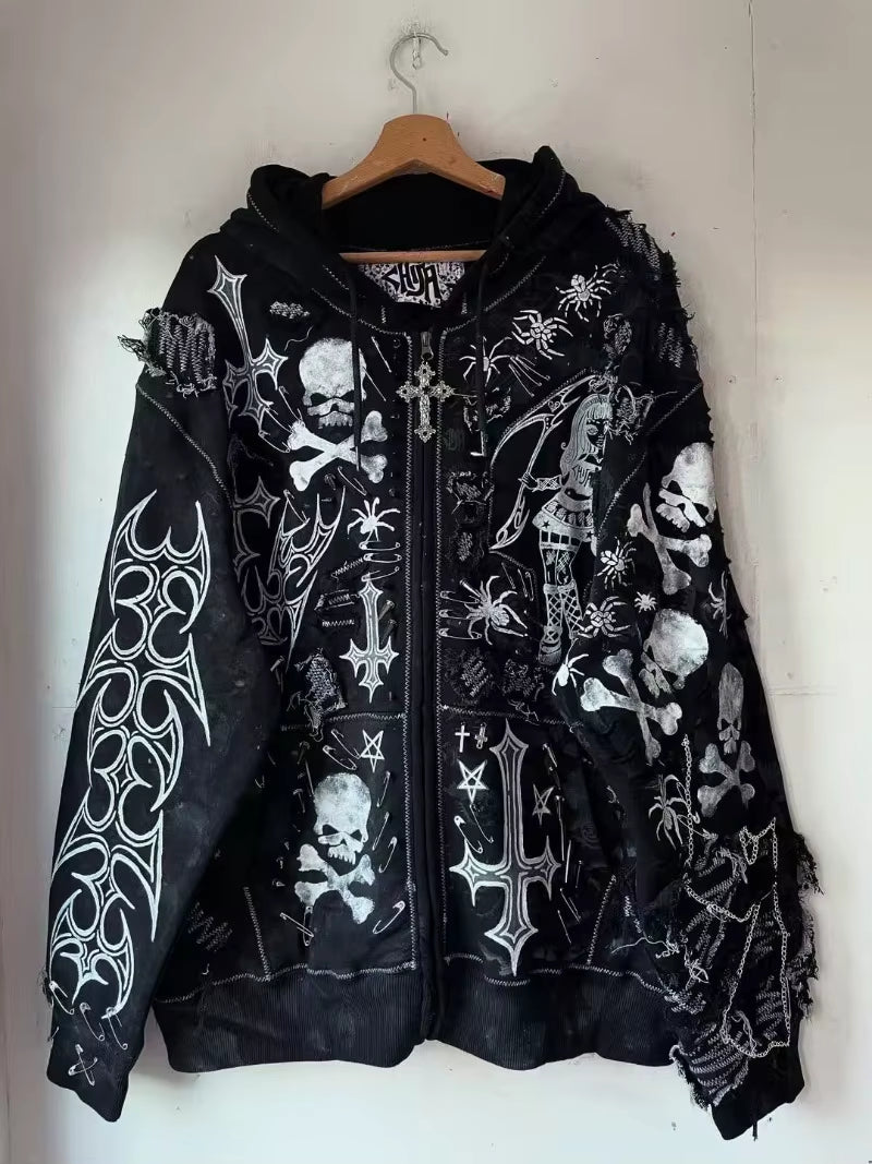 Goth Harajuku Destruction Dark Cross Women Men Hoodie American Skull Chain Street Personality Pullover Retro Fashion Sweatshirt