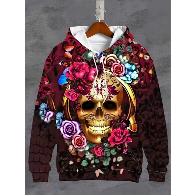 Vintage Men'S Sweatshirt 3D Skull Graphic Printed Casual Hoodie Autumn Spring Oversized Clothing Harajuku Long Sleeve Pullovers