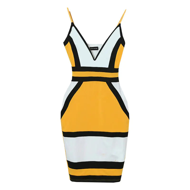 Color Block Deep V Bodycon Dress with Straps