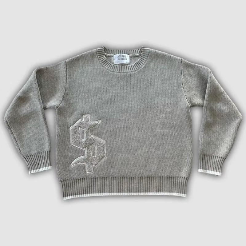 Y2K Grey Long Sleeve Sweater Dollar Gothic Embroidery Pullover Goth Retro Casual Streetwear Old Money Men Boxy Knitted Clothing