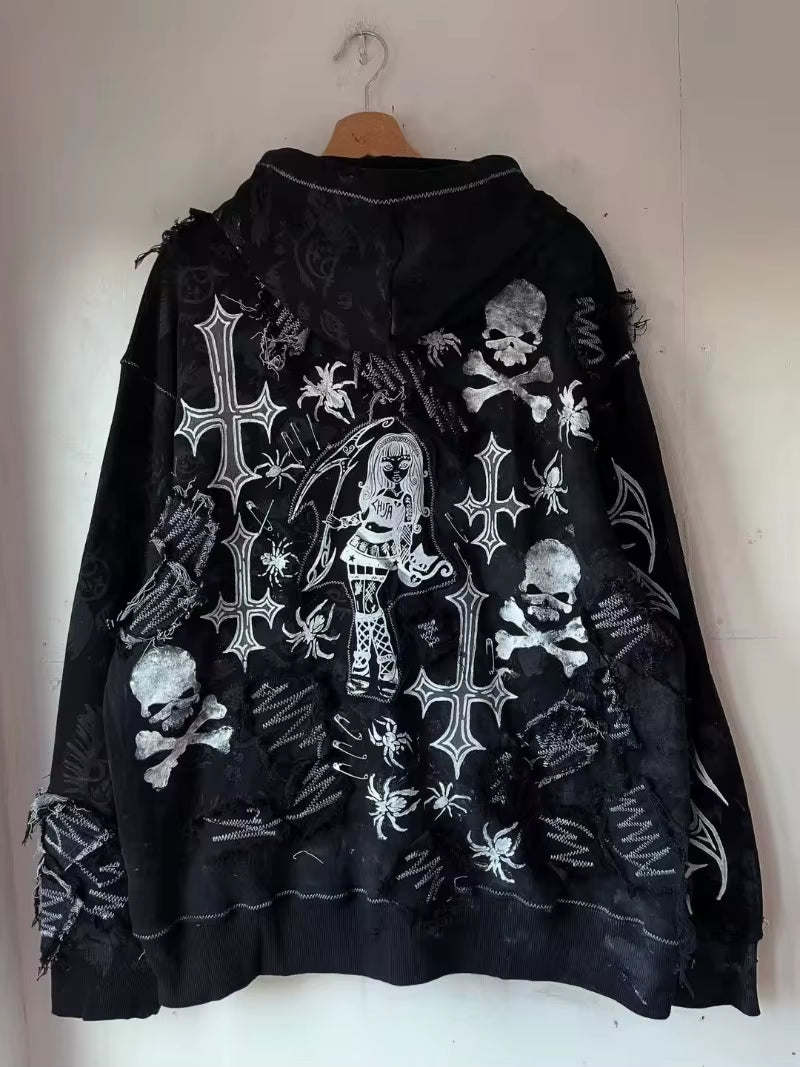 Goth Harajuku Destruction Dark Cross Women Men Hoodie American Skull Chain Street Personality Pullover Retro Fashion Sweatshirt