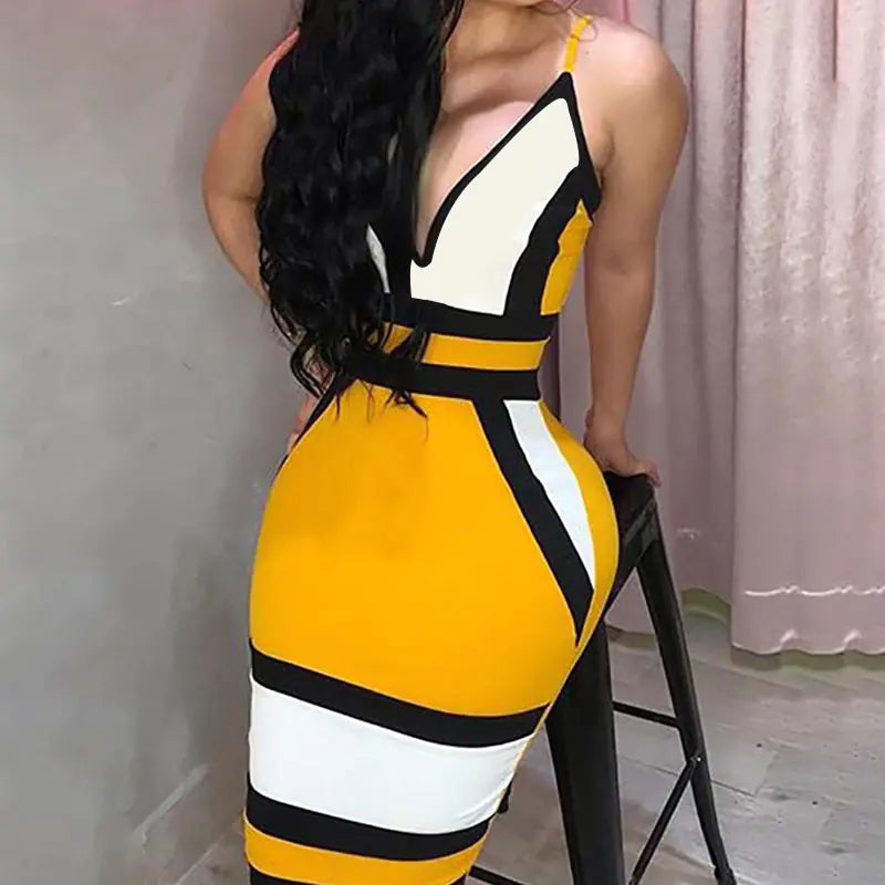 Color Block Deep V Bodycon Dress with Straps