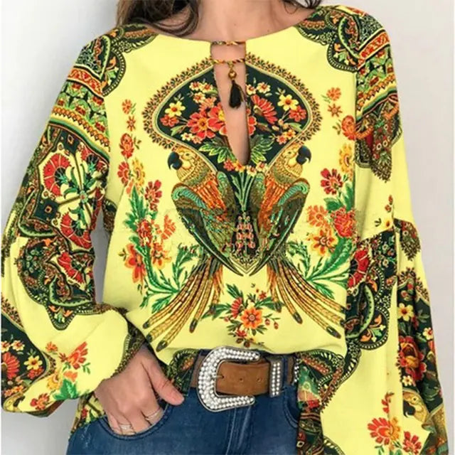 New Women's Digital Print Lantern Sleeve Shirt