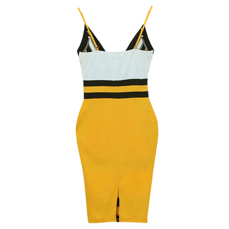 Color Block Deep V Bodycon Dress with Straps