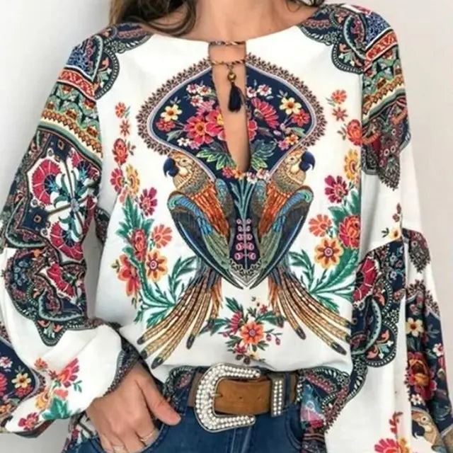 New Women's Digital Print Lantern Sleeve Shirt