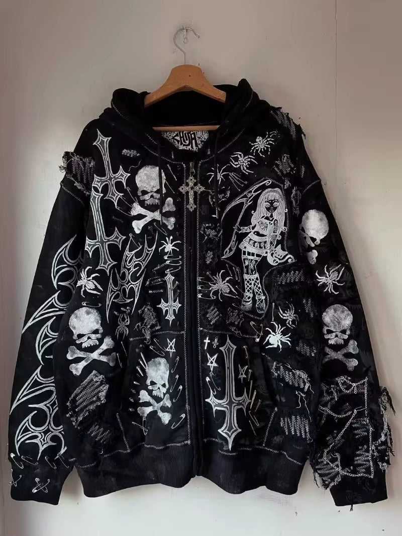 Goth Harajuku Destruction Dark Cross Women Men Hoodie American Skull Chain Street Personality Pullover Retro Fashion Sweatshirt