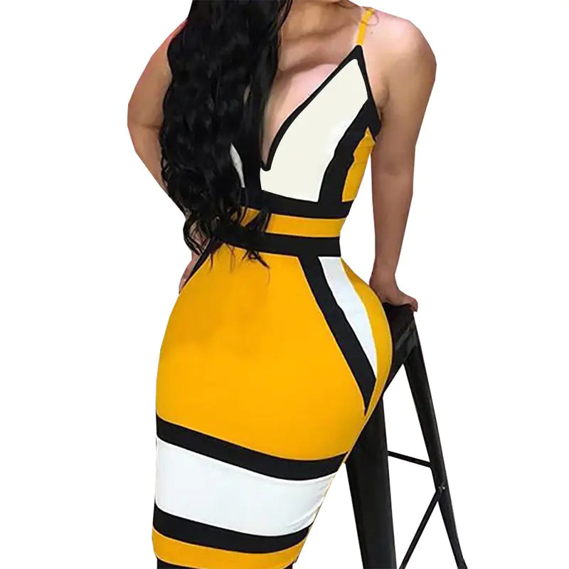 Color Block Deep V Bodycon Dress with Straps