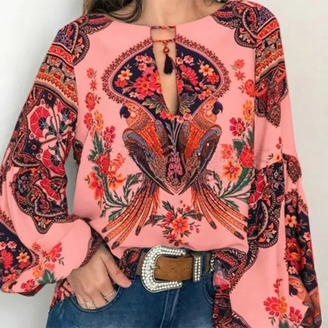 New Women's Digital Print Lantern Sleeve Shirt