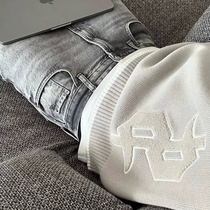Y2K Grey Long Sleeve Sweater Dollar Gothic Embroidery Pullover Goth Retro Casual Streetwear Old Money Men Boxy Knitted Clothing