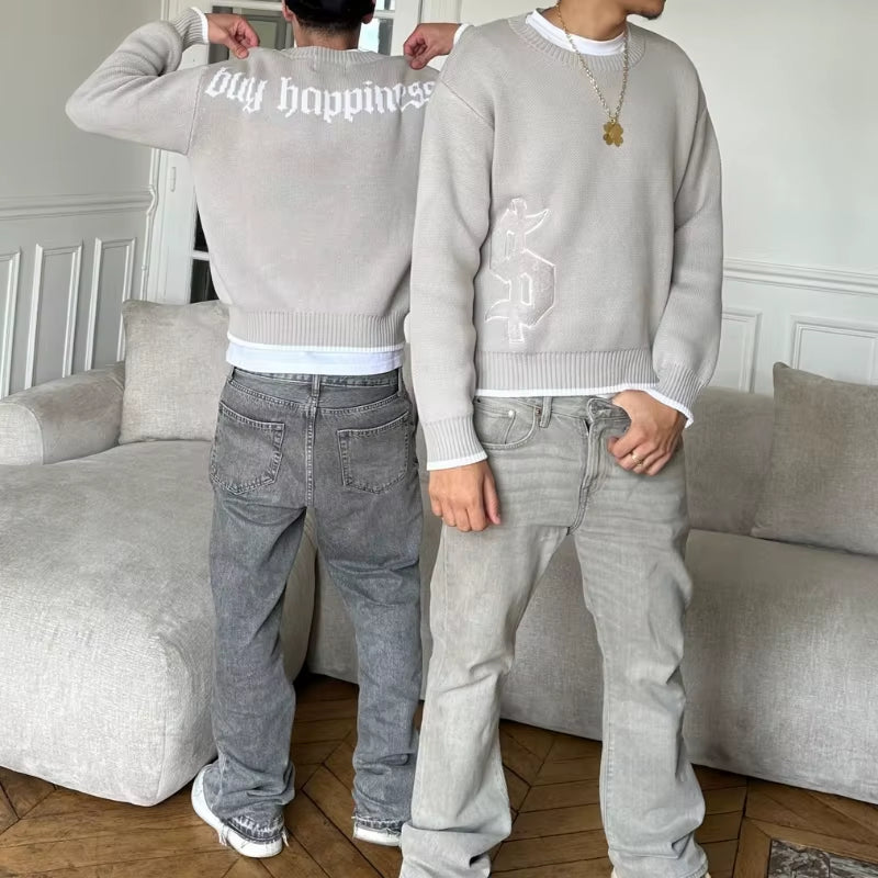Y2K Grey Long Sleeve Sweater Dollar Gothic Embroidery Pullover Goth Retro Casual Streetwear Old Money Men Boxy Knitted Clothing