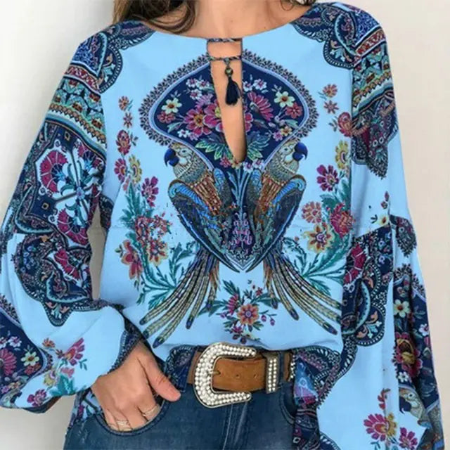 New Women's Digital Print Lantern Sleeve Shirt