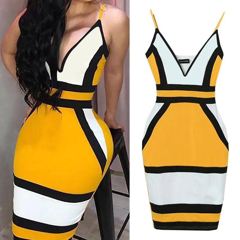 Color Block Deep V Bodycon Dress with Straps