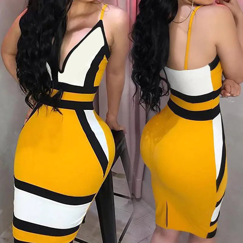 Color Block Deep V Bodycon Dress with Straps