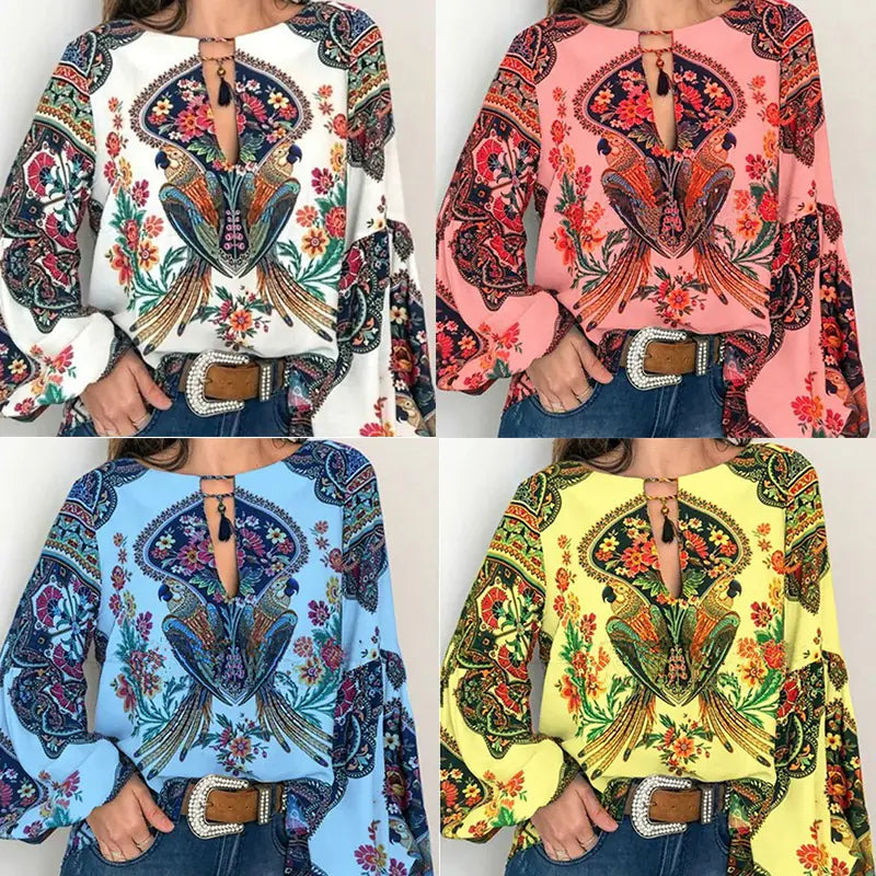 New Women's Digital Print Lantern Sleeve Shirt